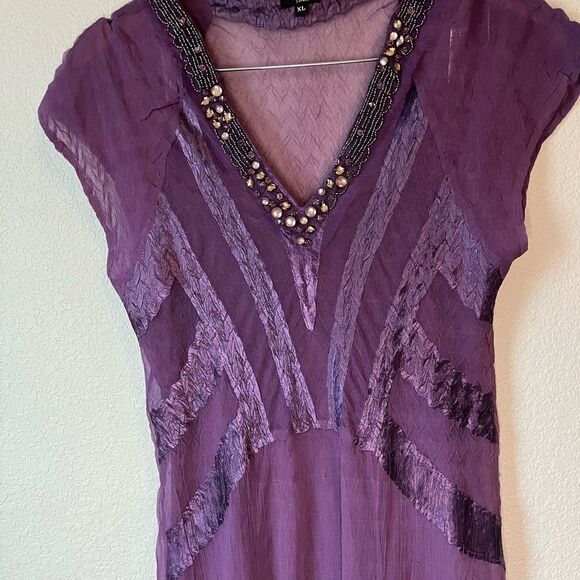 Komarov XL fairy HOCO whimsigoth y2k purple sheer chiffon dress beaded ruffle - Picture 3 of 6